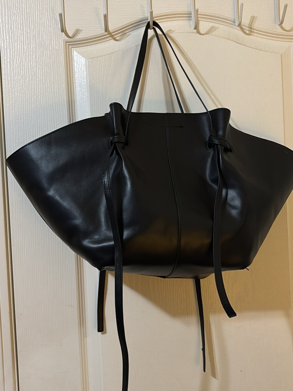 Black Leather Tote Bag with Drawstring Detail